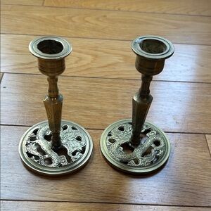 Vintage Brass Dragon Motif Candlestick Pair - Gold Tone